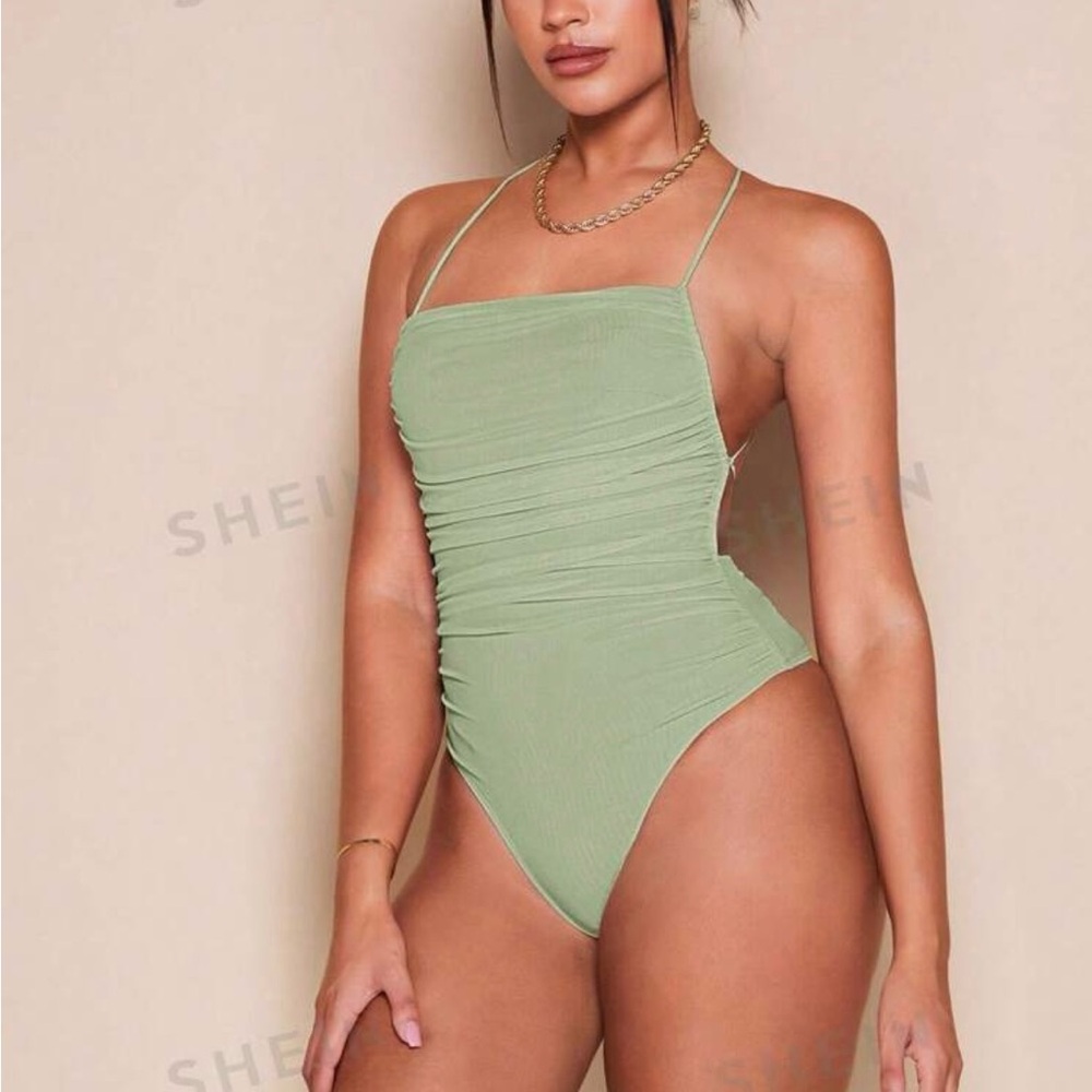SHEIN BAE Crisscross Backless Ruched Mesh Cami Bodysuit